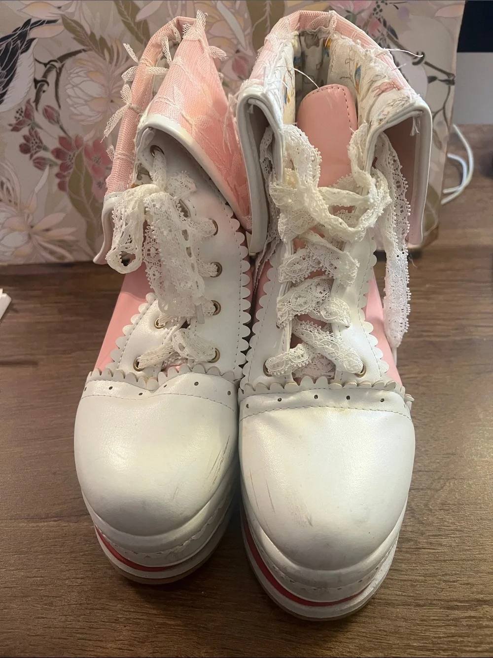 Lace-Up Pink and White Platform Boots - Feminine Floral Trim